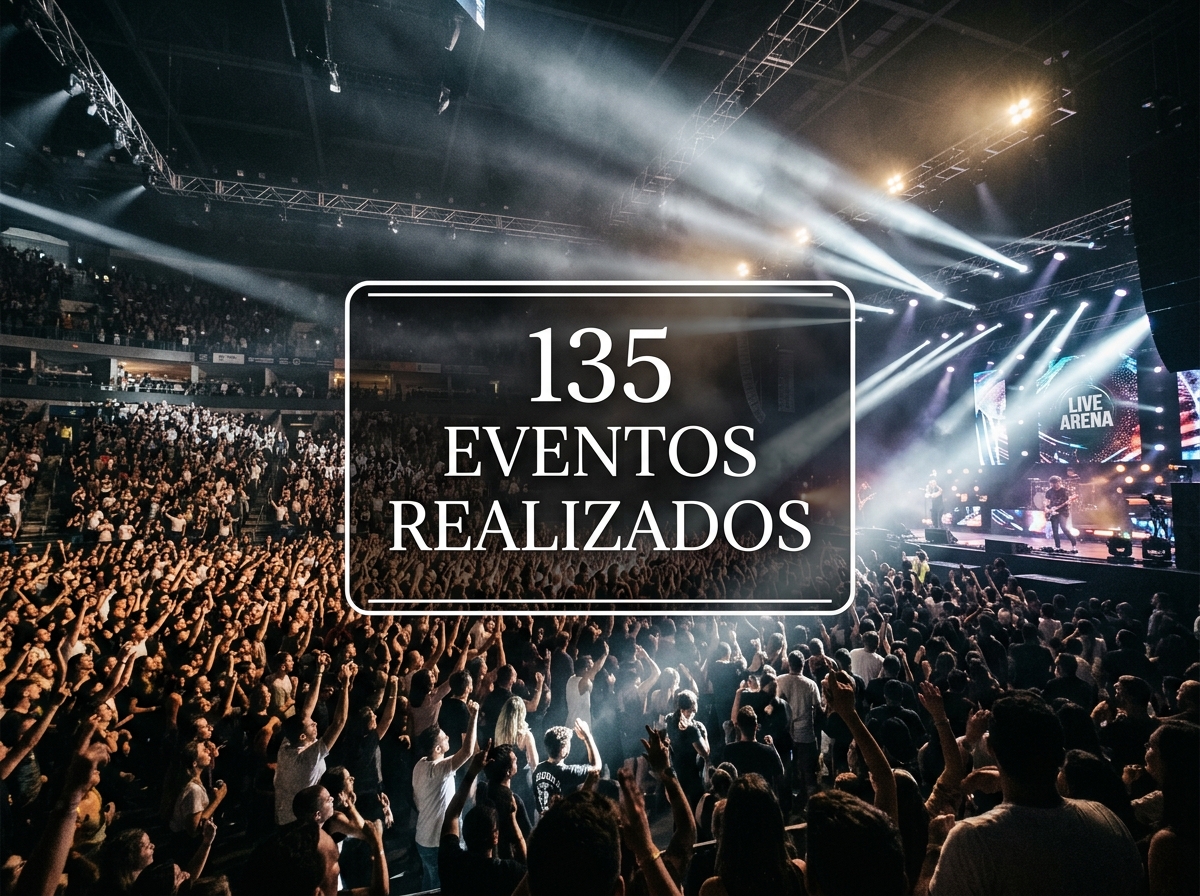 Live crowd with laser beams and lasers text overlay 135 eventos realizados